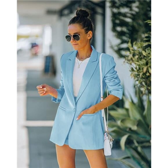 Women's Blazer Short Suit Set | Long Sleeve Open Front Jacket & Solid Pants - Picture 3 of 7